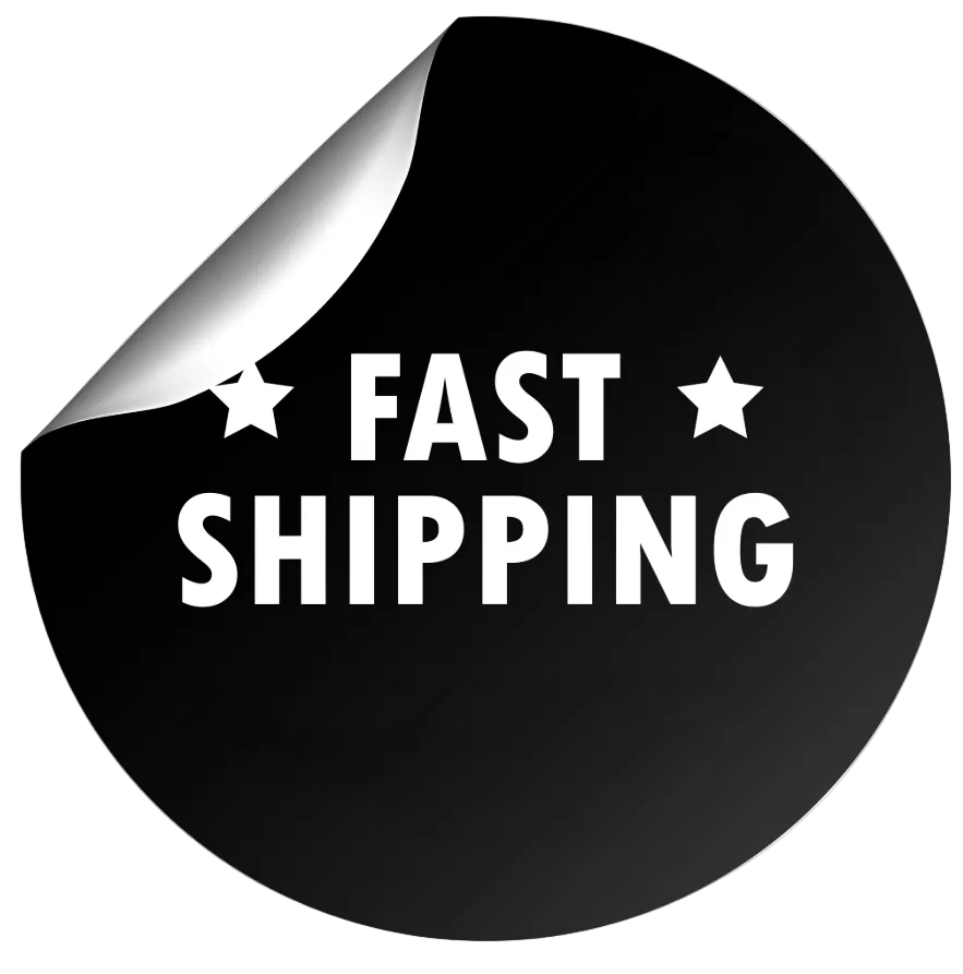Round black sticker with 'FAST SHIPPING' text on a white background